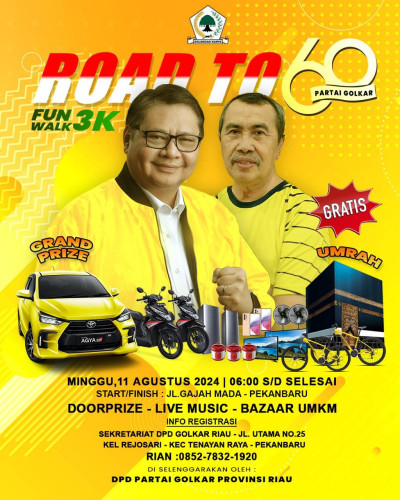 Sambut HUT Golkar ke 60, DPD Golkar Riau Adakan Jalan Sehat Hadiah Mobil dan Umroh